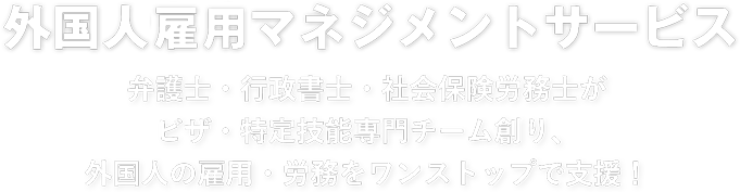 外国人雇用マネジメントサービス 弁護士・行政書士・社会保険労務士がビザ・特定技能専門チーム創り、外国人の雇用・労務をワンストップで支援！