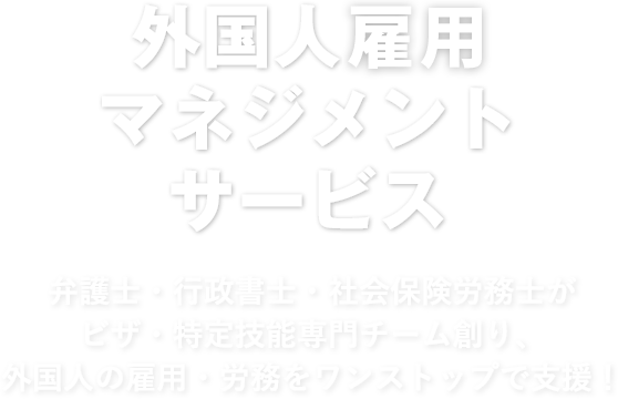 外国人雇用マネジメントサービス 弁護士・行政書士・社会保険労務士がビザ・特定技能専門チーム創り、外国人の雇用・労務をワンストップで支援！